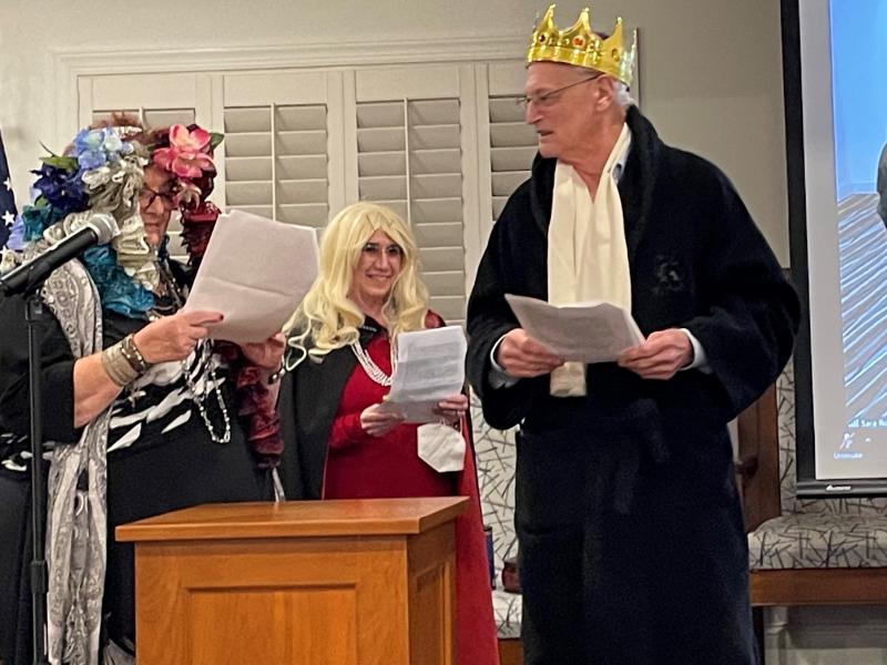 Peter Zoll made a great King Ahasuerus. Shown in the background is Elaine Hockman, portraying Haman’s wife Zeresh.